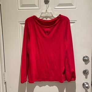 Talbots Red Velvet Trim Long Sleeve Top Size Petite XL - Keyhole Cotton Solid